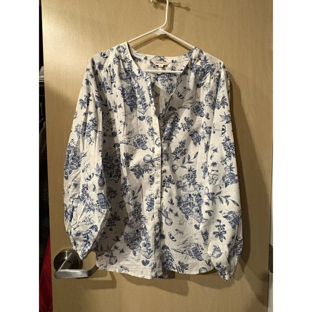 Lucky Brand XL Toile Print Peasant Blouse Balloon Sleeve Blue White Boho Top - Picture 2 of 6